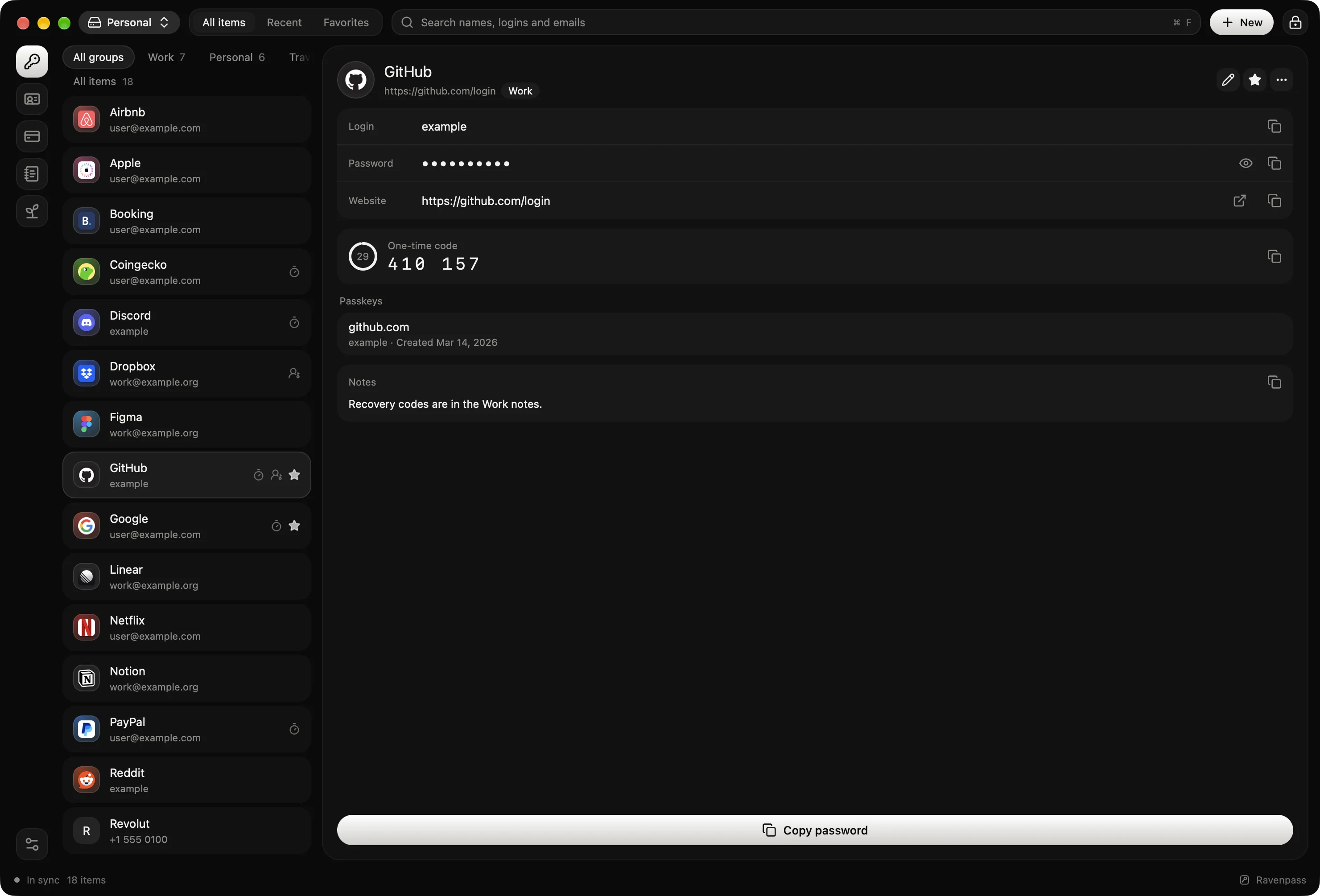A GitHub login with its password, website, two-factor code and passkey