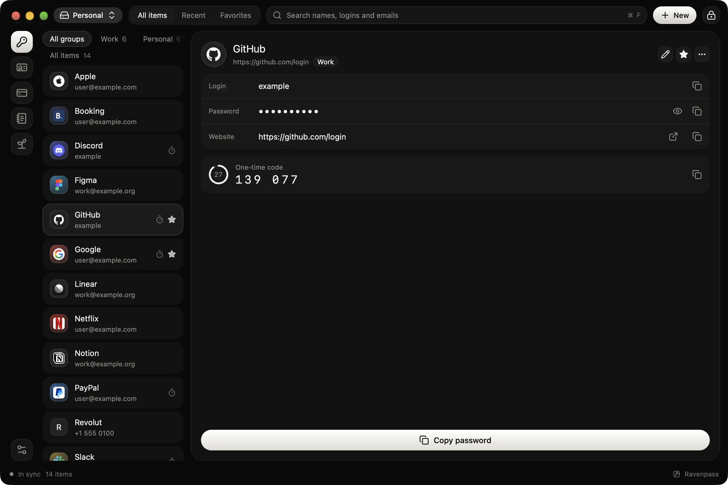The desktop vault with saved logins, groups and a two-factor code