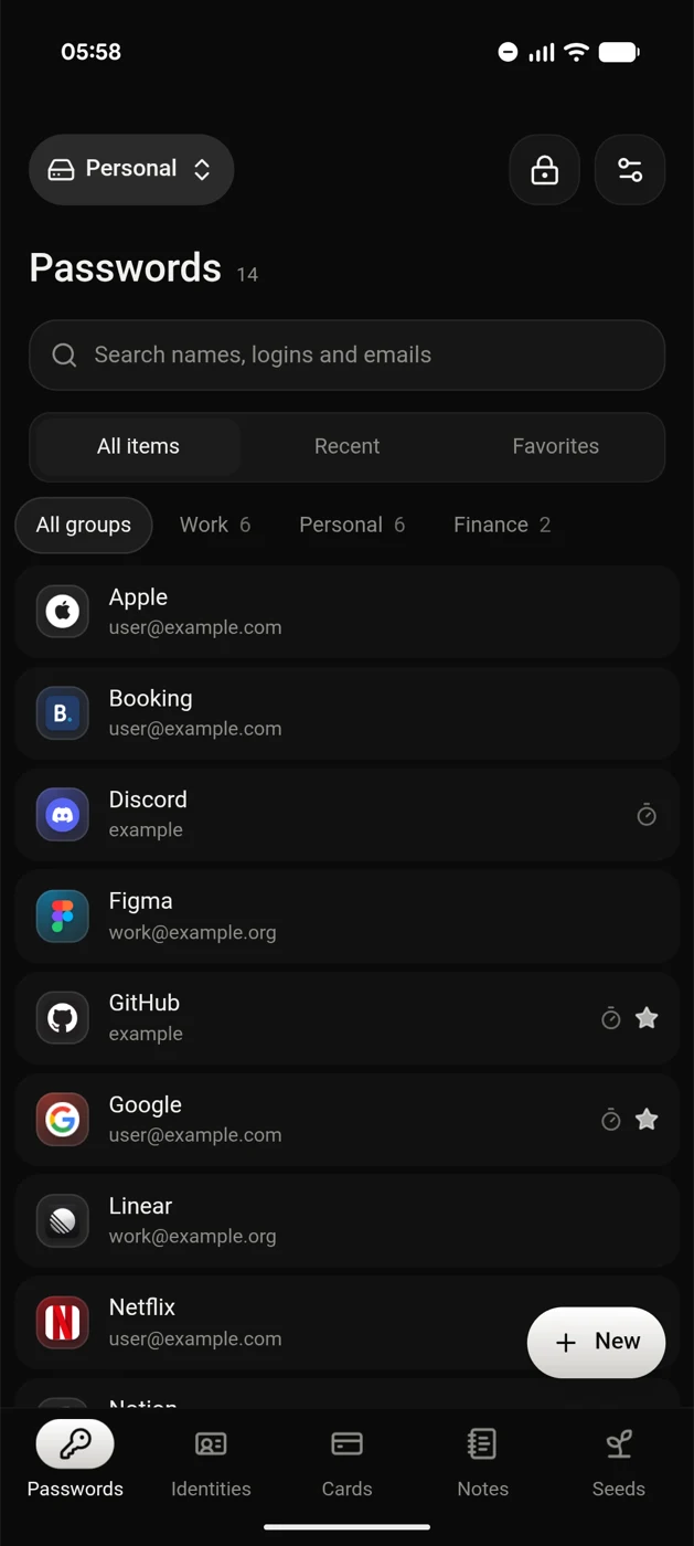 The same vault on a phone, with search and saved logins